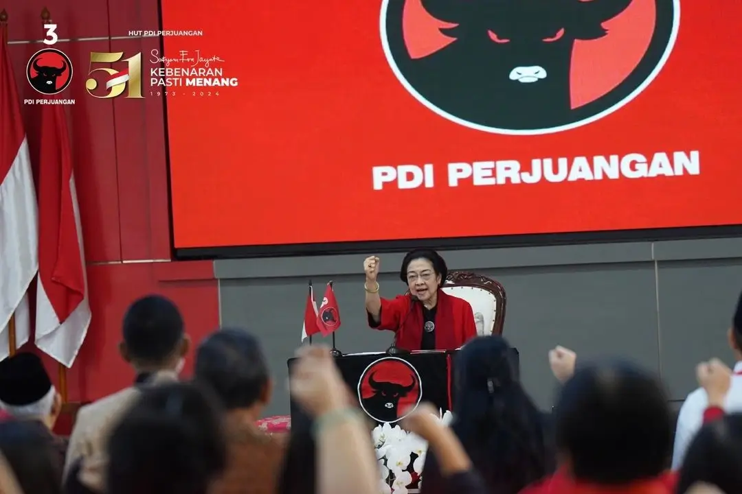 Ketua Umum PDI Perjuangan Megawati Soekarnoputri saat berpidato di acara HUT Ke-51 PDIP di Lenteng Agung, Jakarta, Rabu (10/1/24). (Foto: Instagram/pdiperjuangan)