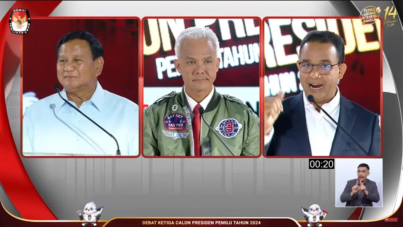 Debat capres/cawapres ketiga di Istora Senayan, Jakarta, Minggu (7/1/23). (Foto: Tangkapan layar YouTube/KPU RI)