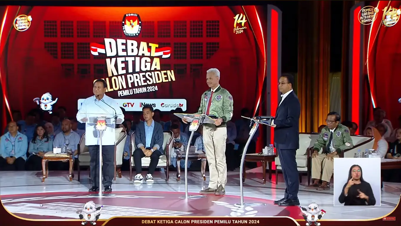 Debat ketiga capres-cawapres Pilpres 2024 di Istora Senayan, Jakarta, Minggu (7/1/24). (Foto: Tangkapan layar YouTube/KPU RI)