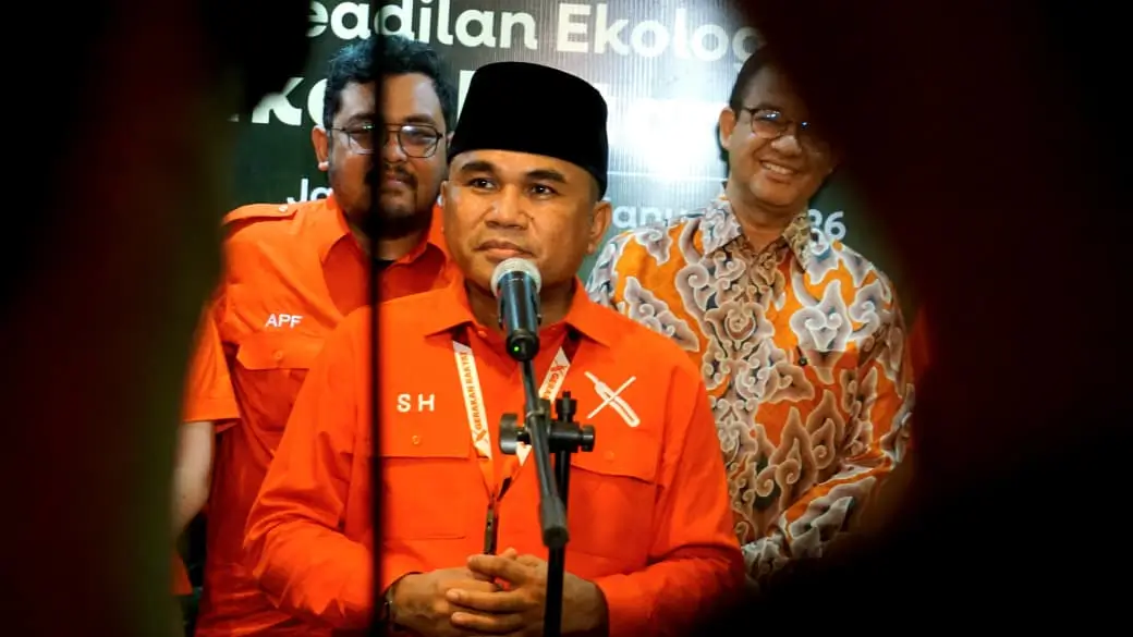 Ketua Umum Partai Gerakan Rakyat, Sahrin Hamid saat sesi doorstop dengan awak media usai Rekernas I di Hotel Aryaduta Menteng, Jakarta pada Sabtu (17/01/26). (Dok: gerakanrakyat)