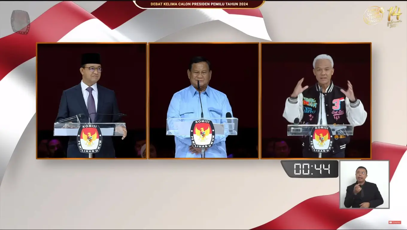 Debat kelima capres-cawapres Pemilu 2024 di JCC Senayan, Jakarta, Minggu (4/2/2024). (Foto: Tangkapan layar YouTube/KPU RI)