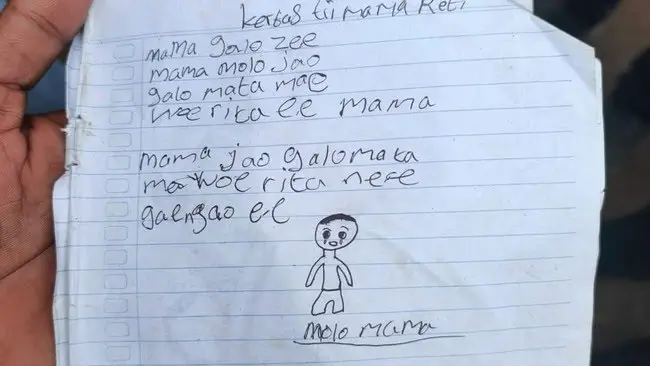 Surat yang ditinggalkan anak SD di Kabupaten Ngada, Nusa Tenggara Timur (NTT) yang bunuh diri usai tidak dibelikan buku dan pena. Foto: Istemewa