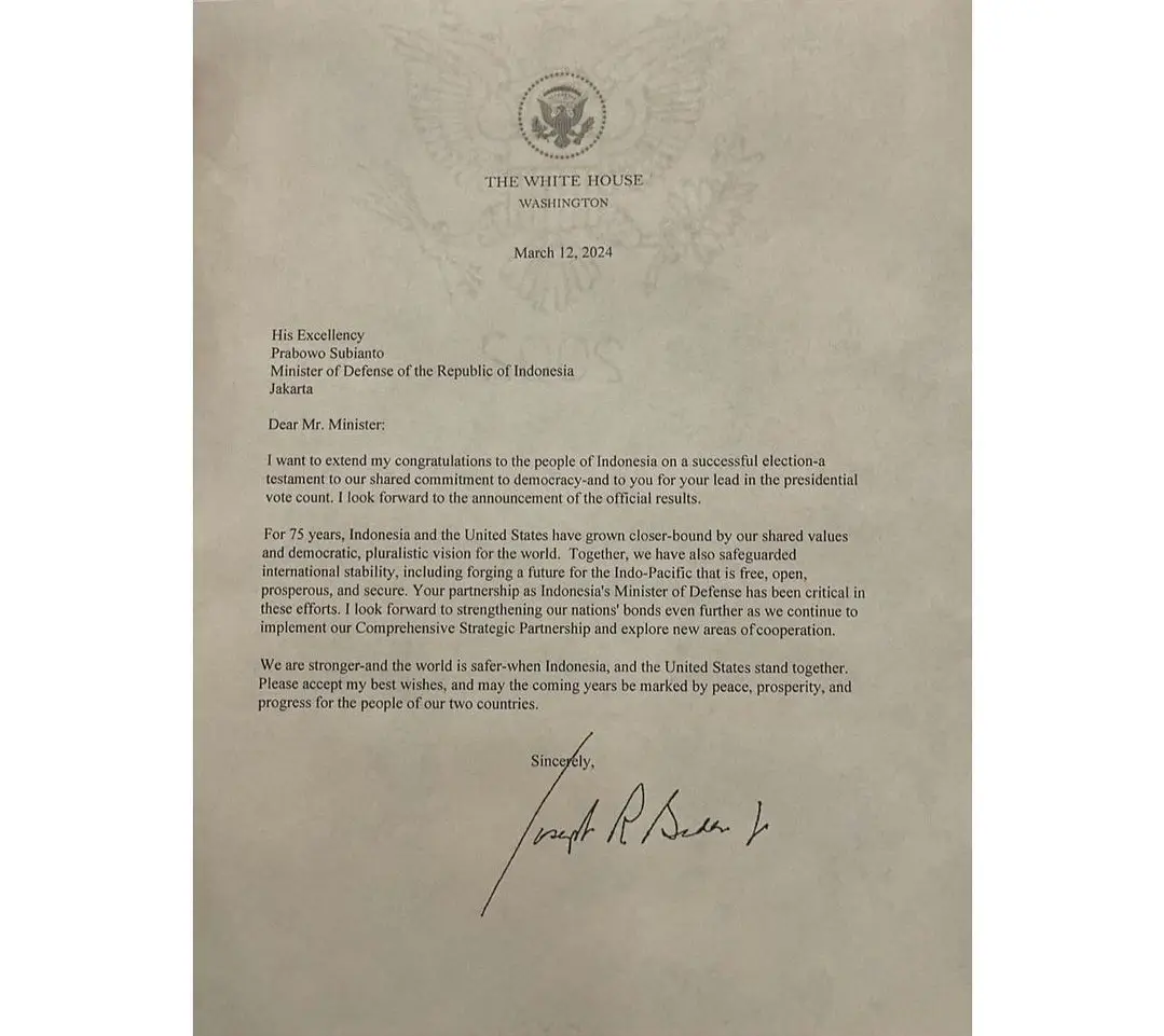 Surat ucapan selamat dari Presiden AS Joe Biden kepada Prabowo Subianto. (Foto: Instagram/prabowo)