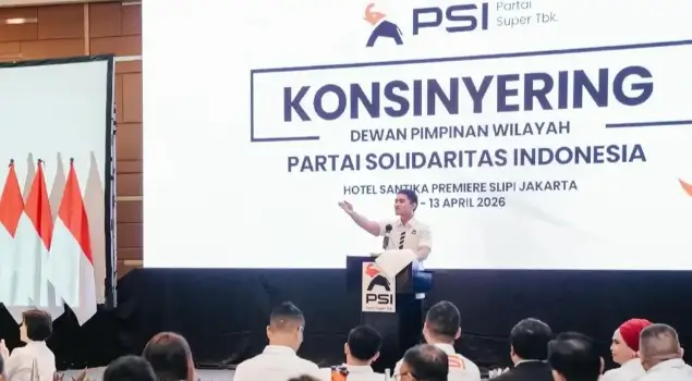 Ketua Umum PSI, Kaesang Pangarep menyampaikan pidatonya dalam acara Konsinyering DPW PSI di Jakarta, Minggu (12/04/26). (Foto: Instagram/psi_id)