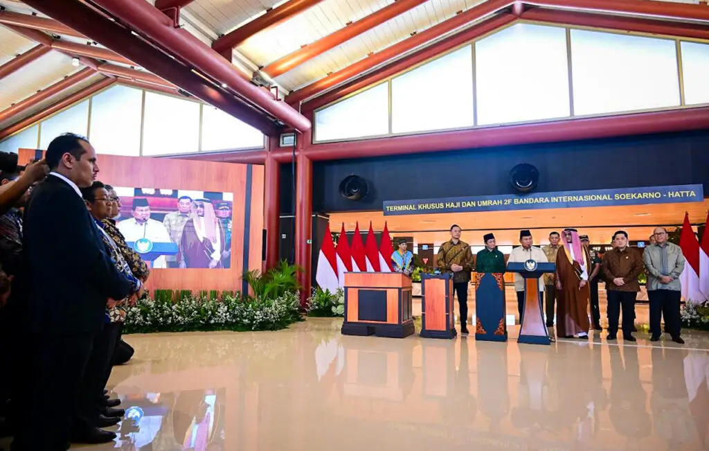 Foto: Presiden Prabowo Subianto menyampaikan sambutan saat Peresmian Terminal Khusus Haji dan Umrah 2F Bandara Internasional Soekarno-Hatta (dok. BPMI Setpres)