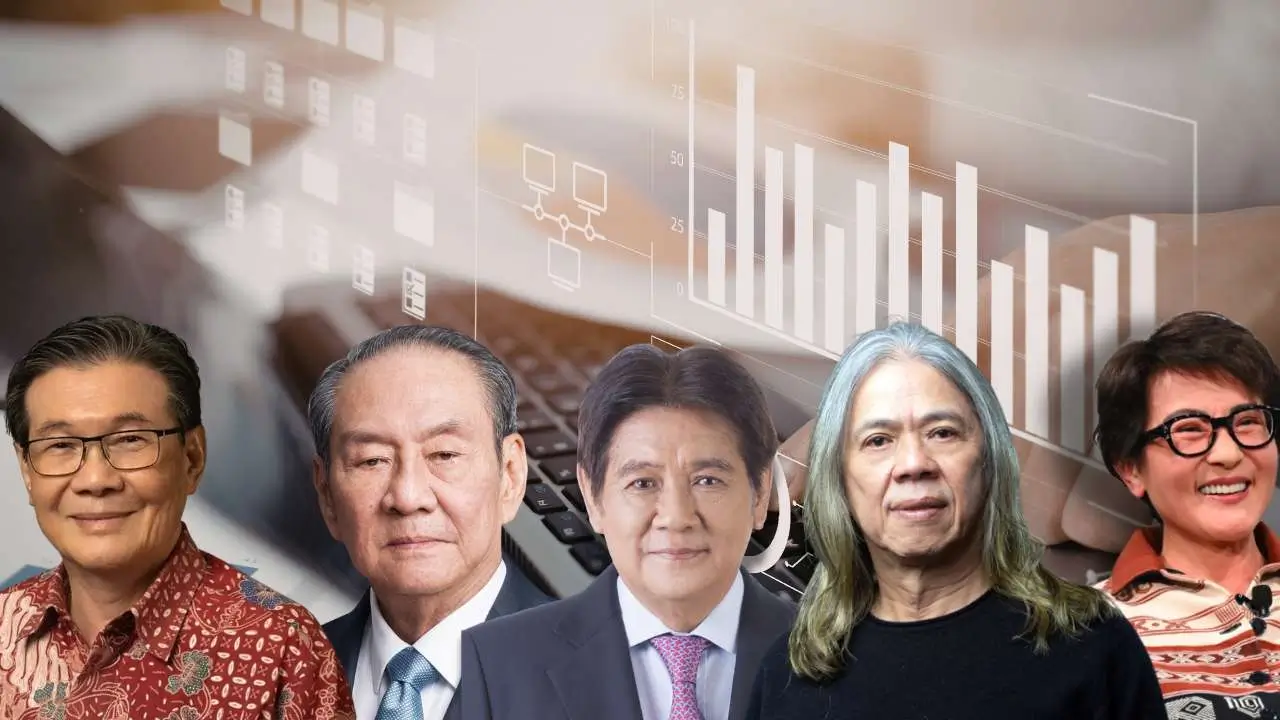 Prajogo Pangestu, Michael Hartono, Anthoni Salim, Otto Toto Sugiri, dan Marina Budiman (Foto: baktibarito.com, comofootball.com, firstpacific.com, Wikipedia, LinkedIn/DCI Indonesia, diedit via Canva Pro)