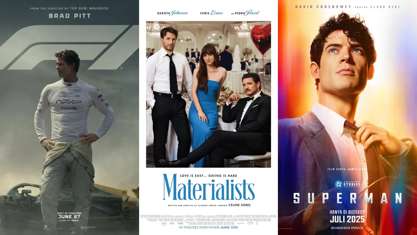 Foto: Poster F1 (instagram.com/F1), Materialist (dok. A24), dan Superman (X.com/WarnerBrosID)