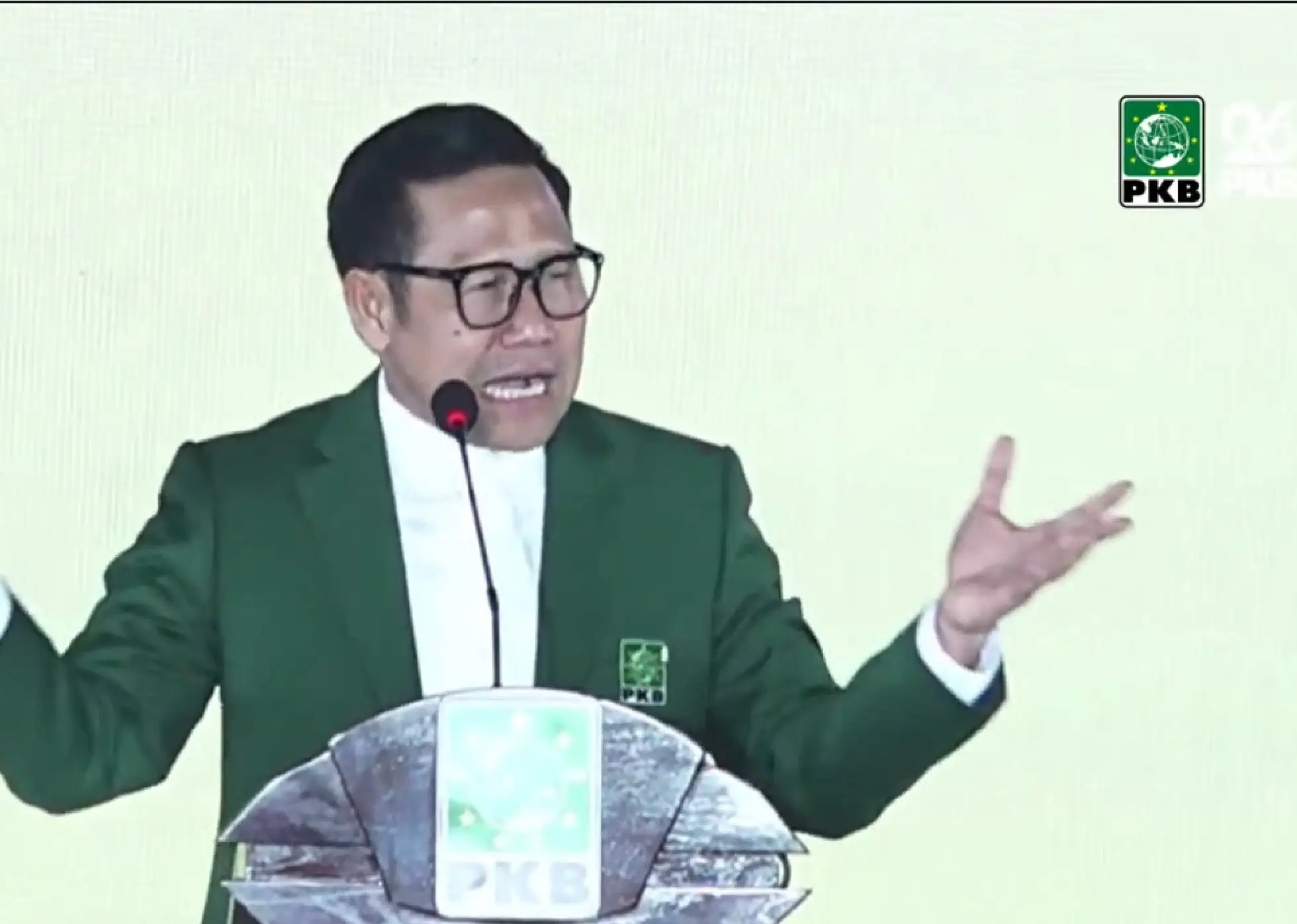 Ketua Umum PKB, Muhaimin Iskandar saat memberikan sambutannya dalam acara peringatan Harlah Ke-26 PKB di Jakarta Convention Center (JCC) Senayan, Jakarta, Selasa (23/7/24). (Foto: Tangkapan layar YouTube/DPP PKB)