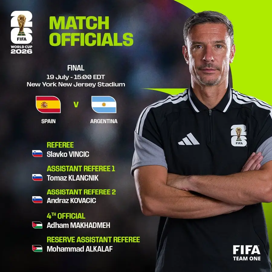 FIFA resmi menunjuk wasit asal Slovenia, Slavko Vincic, untuk memimpin babak final Piala Dunia 2026 antara Timnas Spanyol melawan Timnas Argentina di Stadion MetLife, New Jersey, Senin, 20 Juli 2026 dini hari WIB. Foto FIFA.