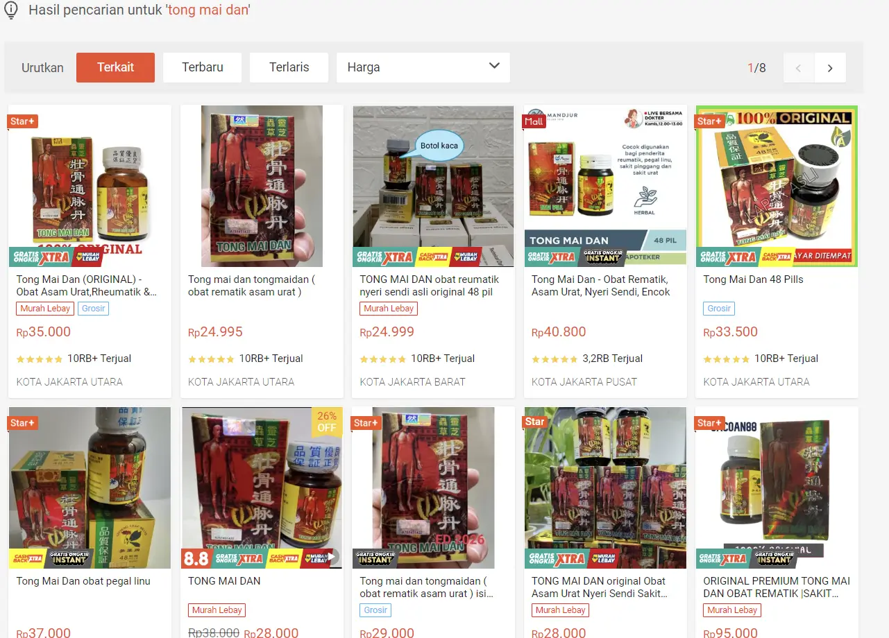 Foto: Tangkapan Layar Penjualan Tong Mai Dan di e-Commerce Indonesia (ThePhrase.id/Nadira)