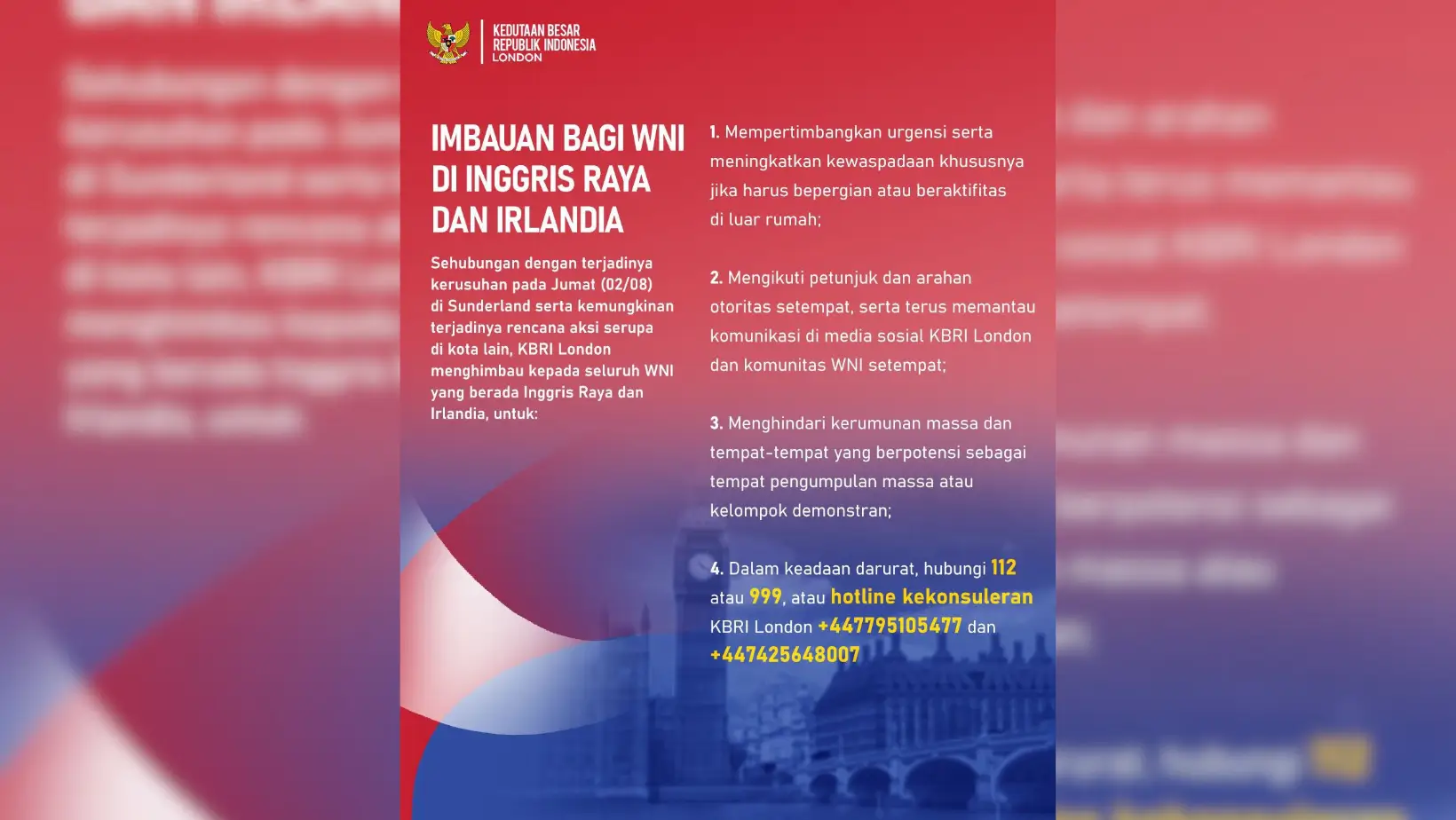 Foto: Imbauan KBRI London untuk WNI di Inggris dan Irlandia (X.com/KBRILondon)