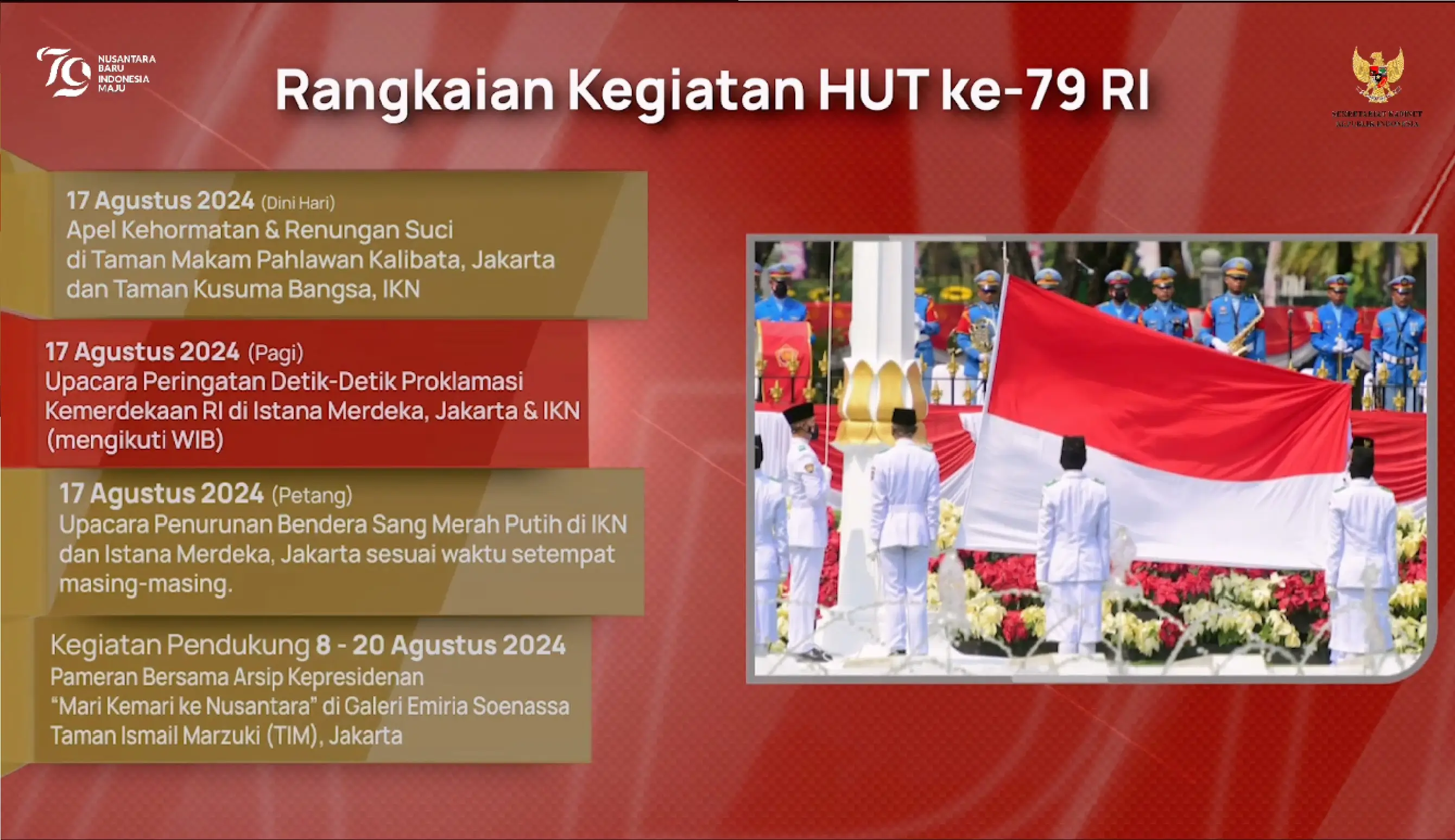 Rangkaian kegiatan HUT Ke-79 RI. (Foto: Tangkapan layar YouTube/Sekretariat Kabinet RI)