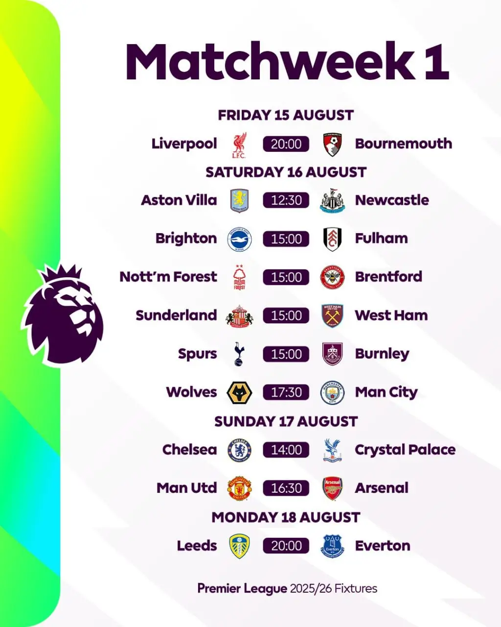 Jadwal matchday pertama Premier League 2025-2026. (Foto: X Premier League)