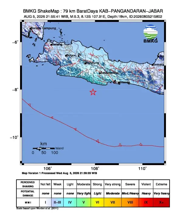 Data resmi BMKG terkait gempa bumi bermagnitudo 5,3 di barat daya Kabupaten Pangandaran, Jawa Barat pada Rabu (05/08/26) malam. (Foto: bmkg.go.id)