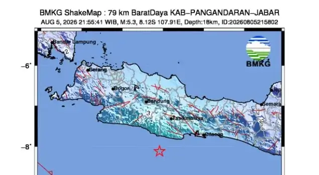 Data resmi BMKG terkait gempa bumi bermagnitudo 5,3 di barat daya Kabupaten Pangandaran, Jawa Barat pada Rabu (05/08/26) malam. (Foto: bmkg.go.id)