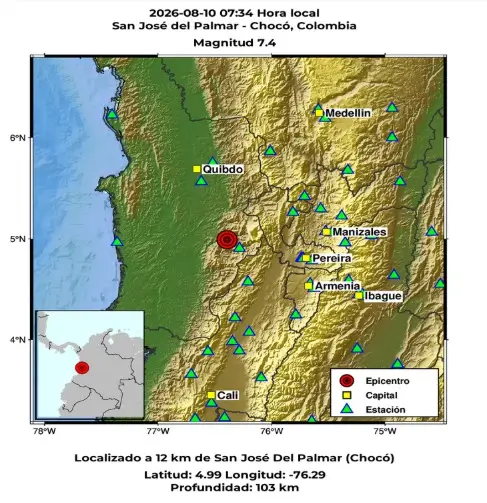 Gempa bumi bermagnitudo 7,4 guncang Kolombia pada Senin (10/08/26) sekitar pukul 07.34 waktu setempat. (Foto: Tangkapan layar sgc.gov.co)