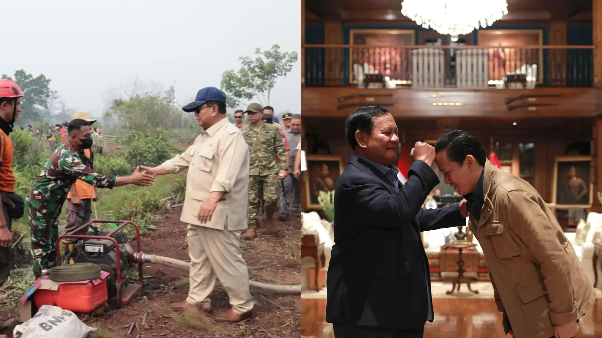 Presiden RI, Prabowo Subianto mengunjungi lokasi terdampak karhutla di Kalimantan (kiri) dan foto bersama Kasespri Rizky Irmansyah (kanan). (Foto: Instagram @presidenrepublikindonesia & @rizky_irmansyah)
