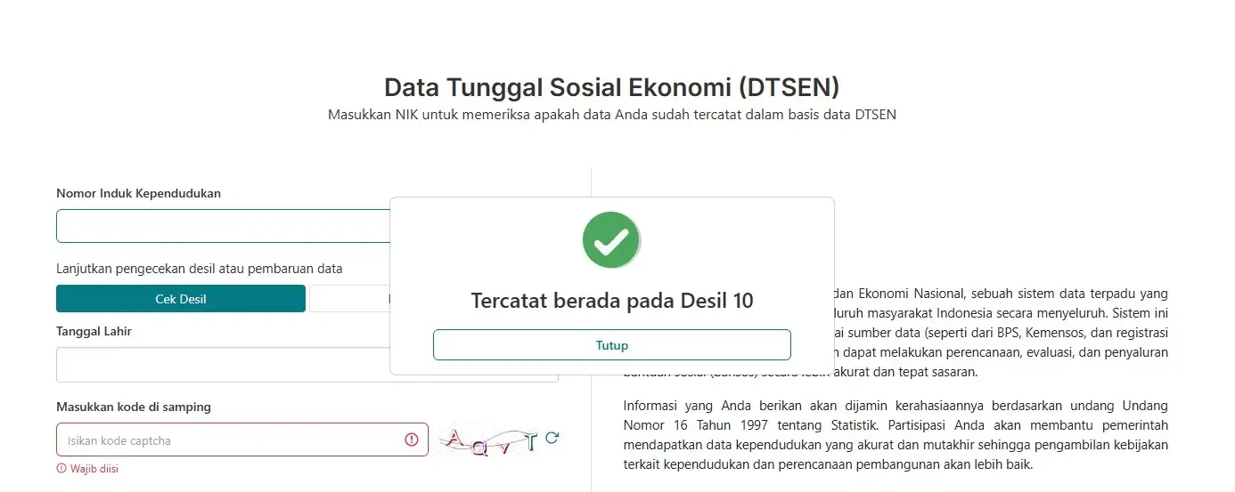 Tangkapan layar seseorang termasuk dalam Desil 10 pada laman DTSEN (Foto: dok. ThePhrase.id)
