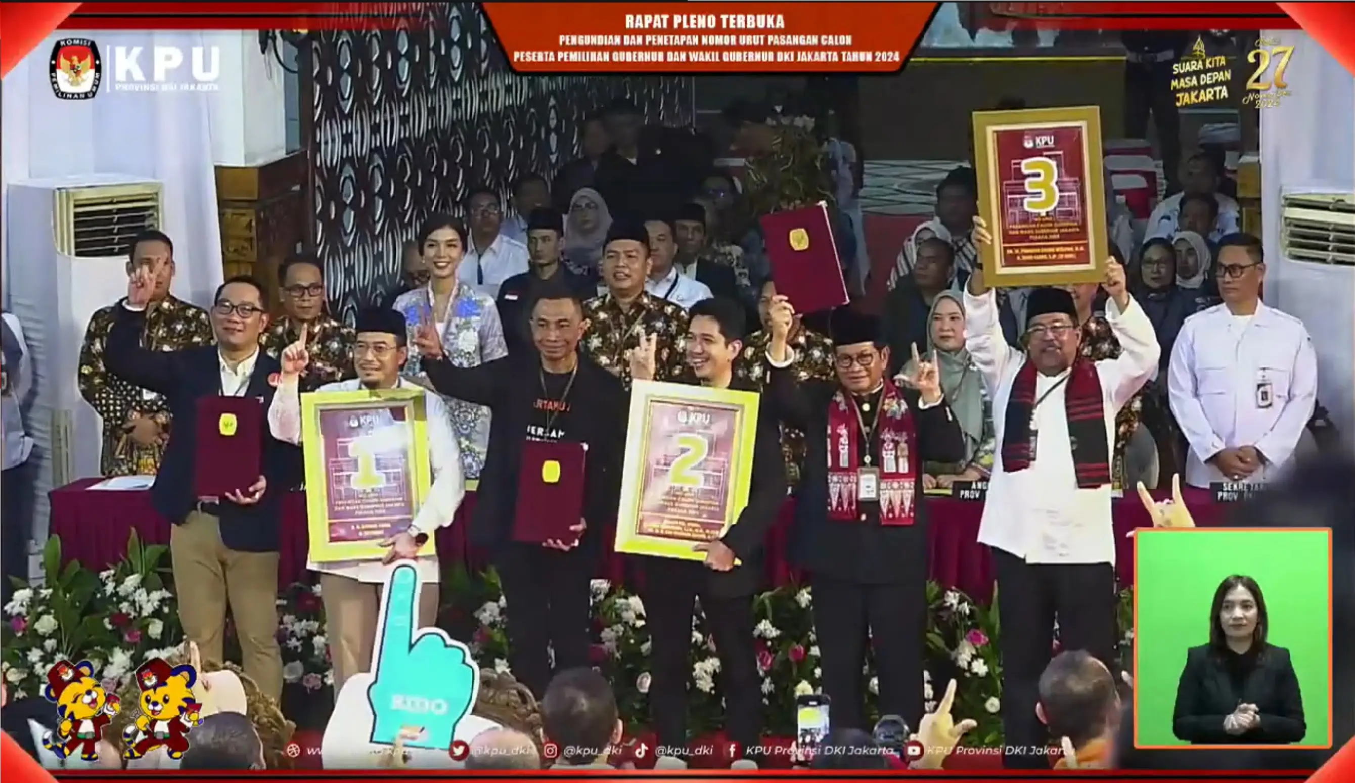 Penetapan nomor urut paslon cagub-cawagub Pilkada DKI Jakarta 2024 di Kantor KPUD DKI Jakarta, Senin (24/9/24) malam. (Foto: Tangkapan layar YouTube/KPU Provinsi DKI Jakarta)