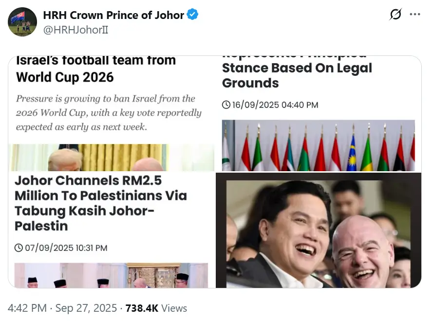 Cuitan Tunku Ismail Sultan Ibrahim yang berisikan foto Ketua Umum PSSI, Erick Thohir. (Foto: X Tunku Ismail Sultan Ibrahim)