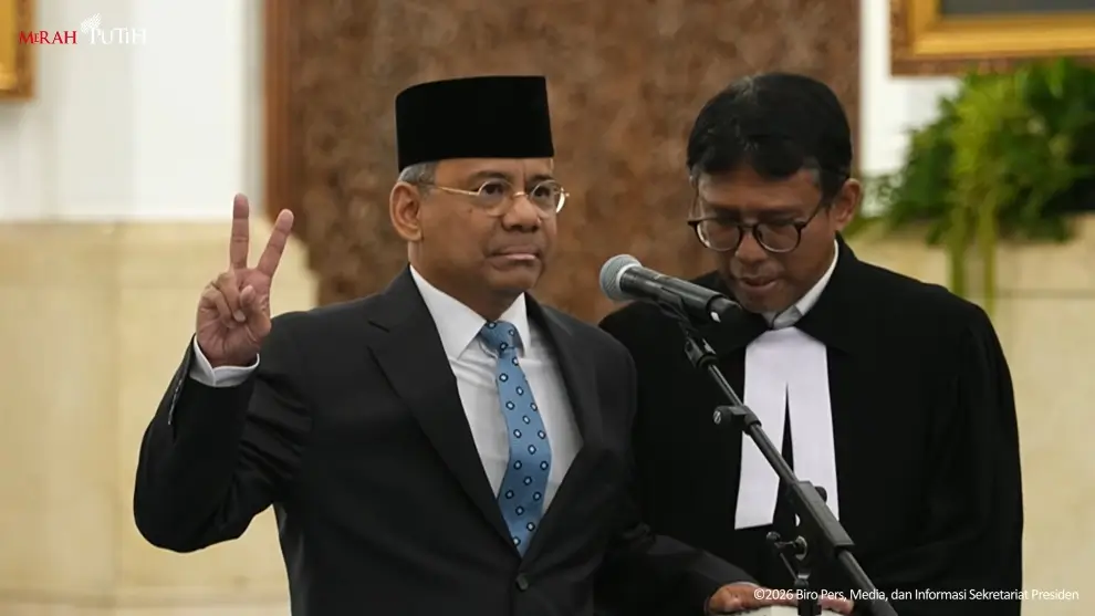 Suahasil Nazara resmi dilantik sebagai Menteri Keuangan (Menkeu) RI di Istana Negara, Jakarta pada Senin (14/09/26). (Foto: Tangkapan layar YouTube/Sekretariat Presiden)