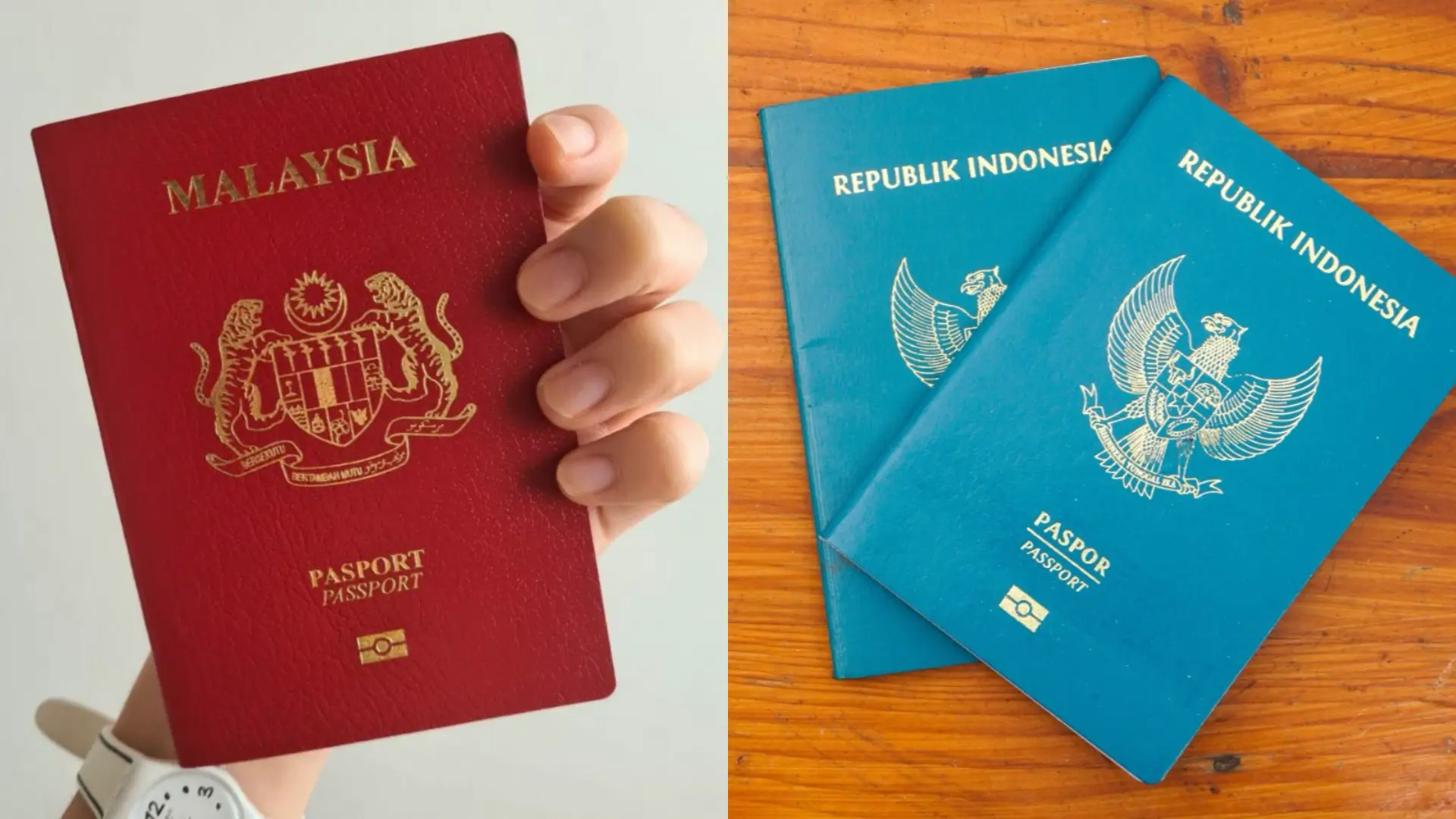 Ilustrasi paspor Malaysia (kiri) dan paspor Republik Indonesia (kanan). (Foto: imi.gov.my & canva/graphicfourmonths)