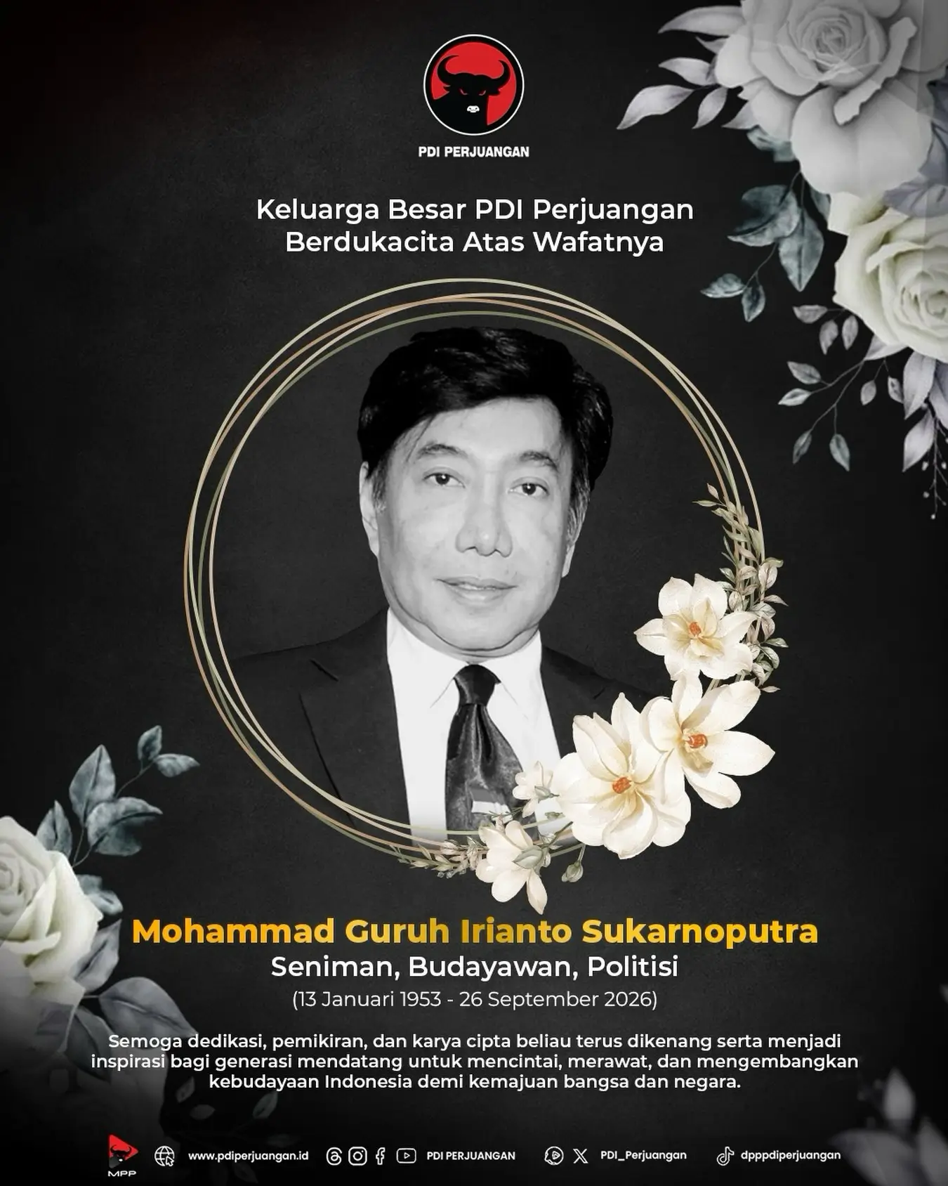 Putra bungsu Presiden pertama RI, Guruh Soekarnoputra meninggal dunia. (Foto: Instagram/pdiperjuangan)