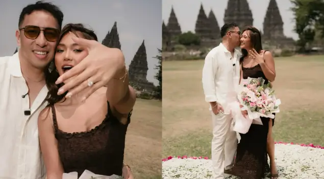 Marion Jola resmi dilamar Dennis Talakua di pelataran Candi Prambanan, Yogyakarta pada Minggu (20/09/26). (Foto: Instagram/lalamarionmj)
