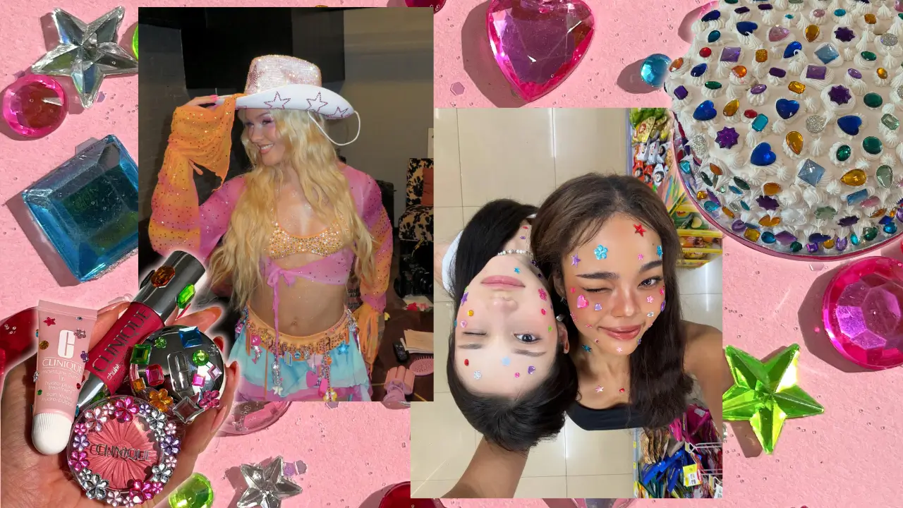 Ilustrasi tren bedazzling atau whimsymaxxing. (Foto: Instagram/zaralarson, clinique, hiyeahhh_, kyliejenner)