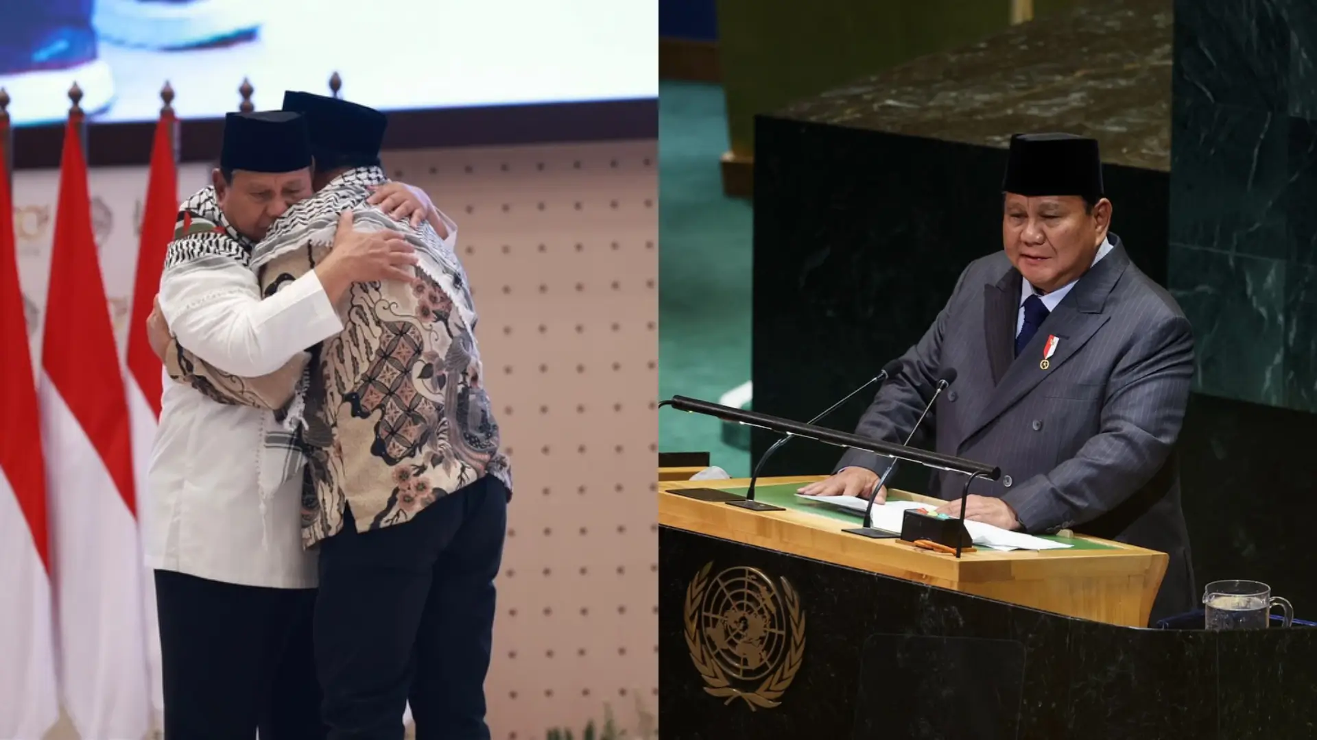 Momen Presiden RI, Prabowo Subianto memeluk Dubes Palestina untuk Indonesia, Abdulfattah A.K. Al-Sattari Ponorogo, Jawa Timur pada Sabtu (19/09/26) dan ketika menghadiri Sidang Umum PBB di New York, AS pada Senin (22/09/25). (Foto: Instagram/presidenrepublikindonesia)