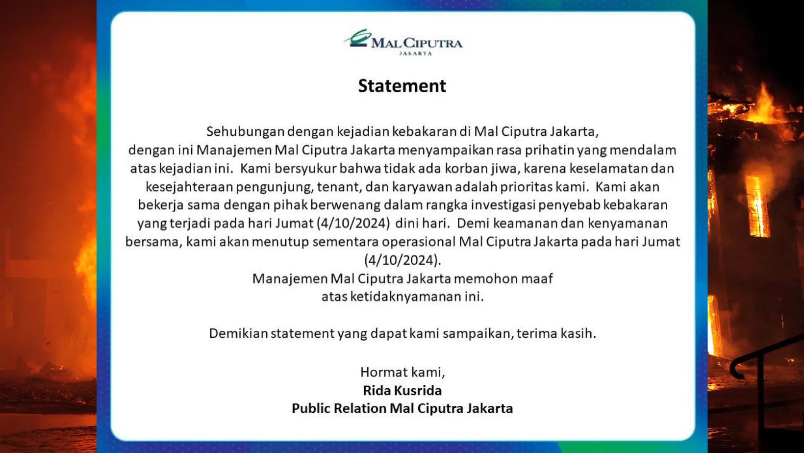 Foto: Statement Mal Ciputra Kebakaran (instagram.com/malciputrajkt)