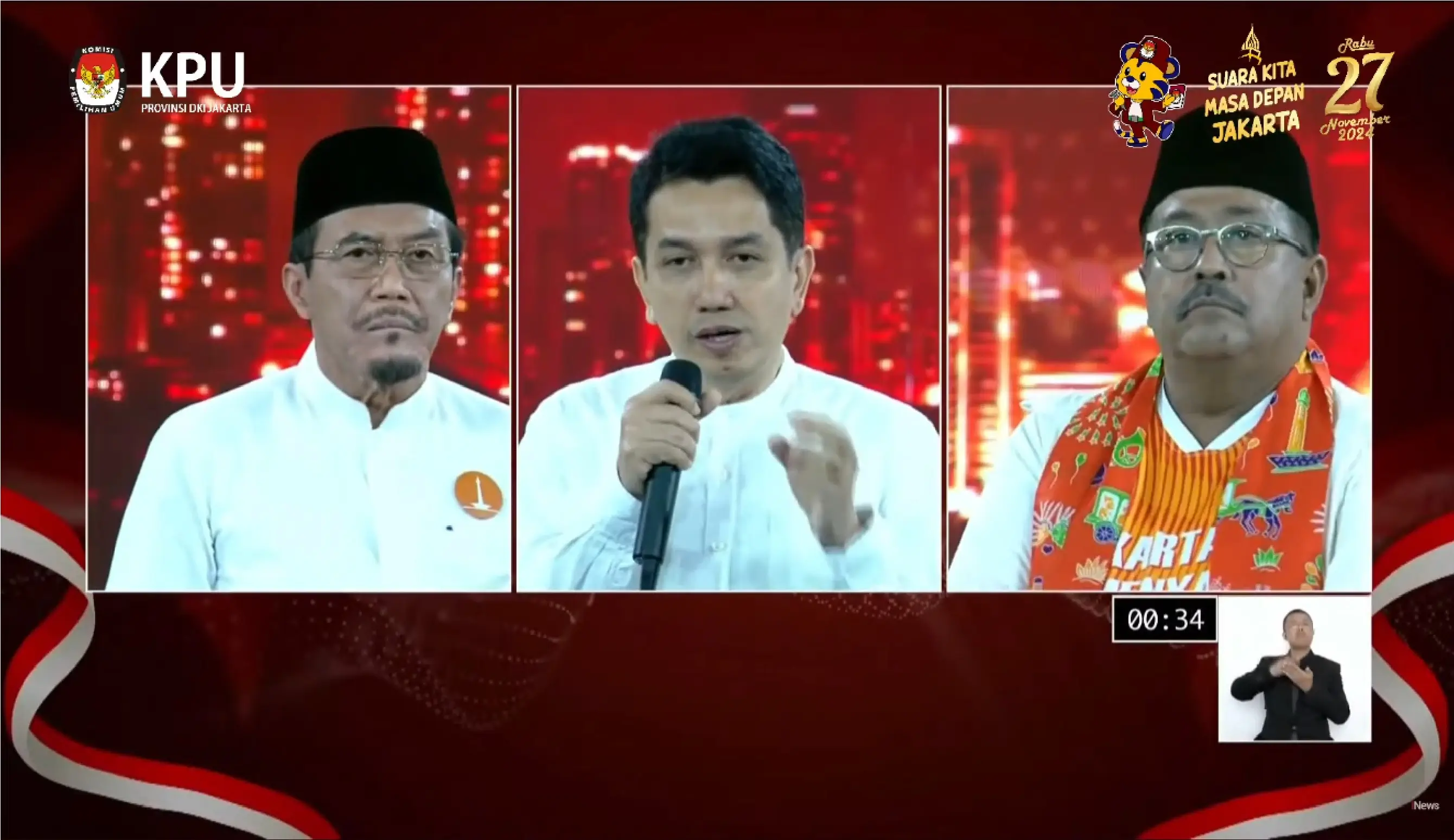 (Kiri ke kanan) Calon Wakil Gubernur Pilkada Jakarta, Suswono, Kun Wardana, dan Rano Karno saat hadiri acara debat perdana cagub-cawagub Pilkada Jakarta di JIExpo Kemayoran, Jakarta pada Minggu (6/10/24). (Foto: Tangkapan layar YouTube/KPU Provinsi DKI Jakarta)