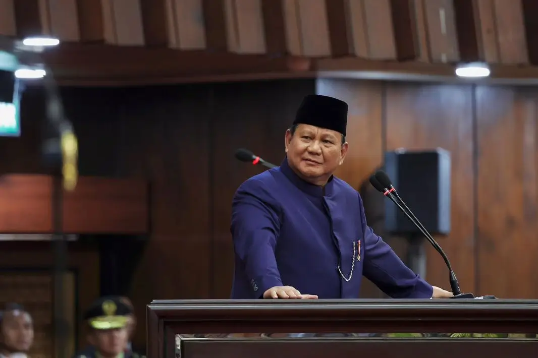 Presiden Prabowo ketika menyampaikan pidato pertamanya sebagai Presiden RI di Gedung Nusantara MPR RI, Senayan, Jakarta pada Minggu (20/10/24). (Foto: Instagram/prabowo)