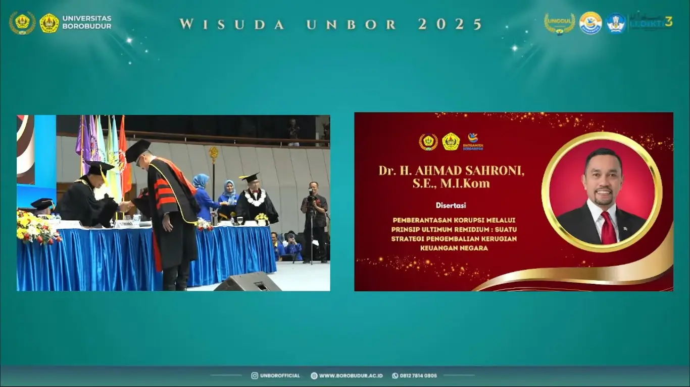 Bendahara Umum Partai NasDem, Ahmad Sahroni mengikuti prosesi Wisuda Universitas Borobudur 2025. (Foto: Tangkapan layar YouTube/Wisuda Universitas Borobudur 2025)