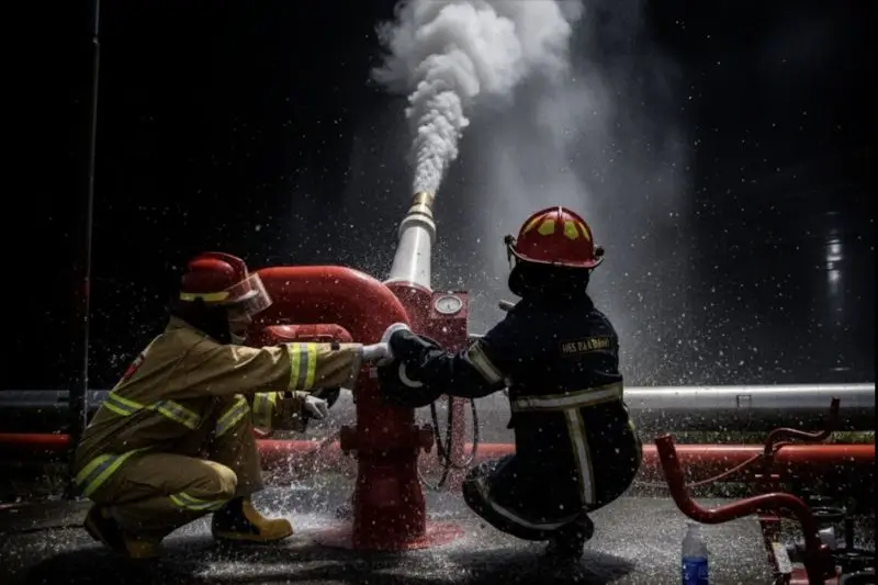 Tim tanggap darurat mengatasi kebakaran di salah satu unit operasional di Kilang Pertamina Dumai, Riau, Rabu (1/10). (Foto: ANTARA/HO-KPI)