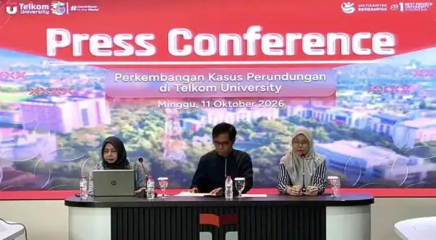 Konferensi pers Telkom University terkait aksi perundungan yang viral di media sosial pada Jumat (09/10/26). (Foto: telkomuniversity.ac.id)