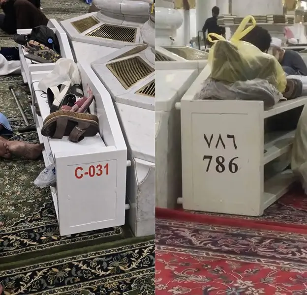 Perubahan label rak sandal di Masjid Nabawi – model terbaru dengan sistem huruf dan angka sedang model lama hanya dengan angka warna hitam. (Foto: TheIslamicInformation)