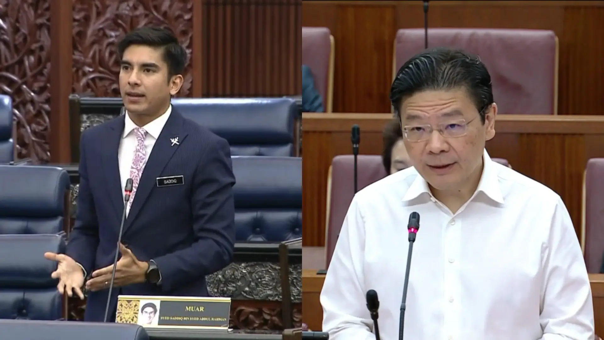 Anggota Parlemen Malaysia, Syed Saddiq Syed Abdul Rahman (kiri) dan Perdana Menteri (PM) Singapura, Lawrence Wong (kanan). (Foto: Tangkapan layar YouTube/Parlimen Malaysia dan Instagram/lawrencewongst)