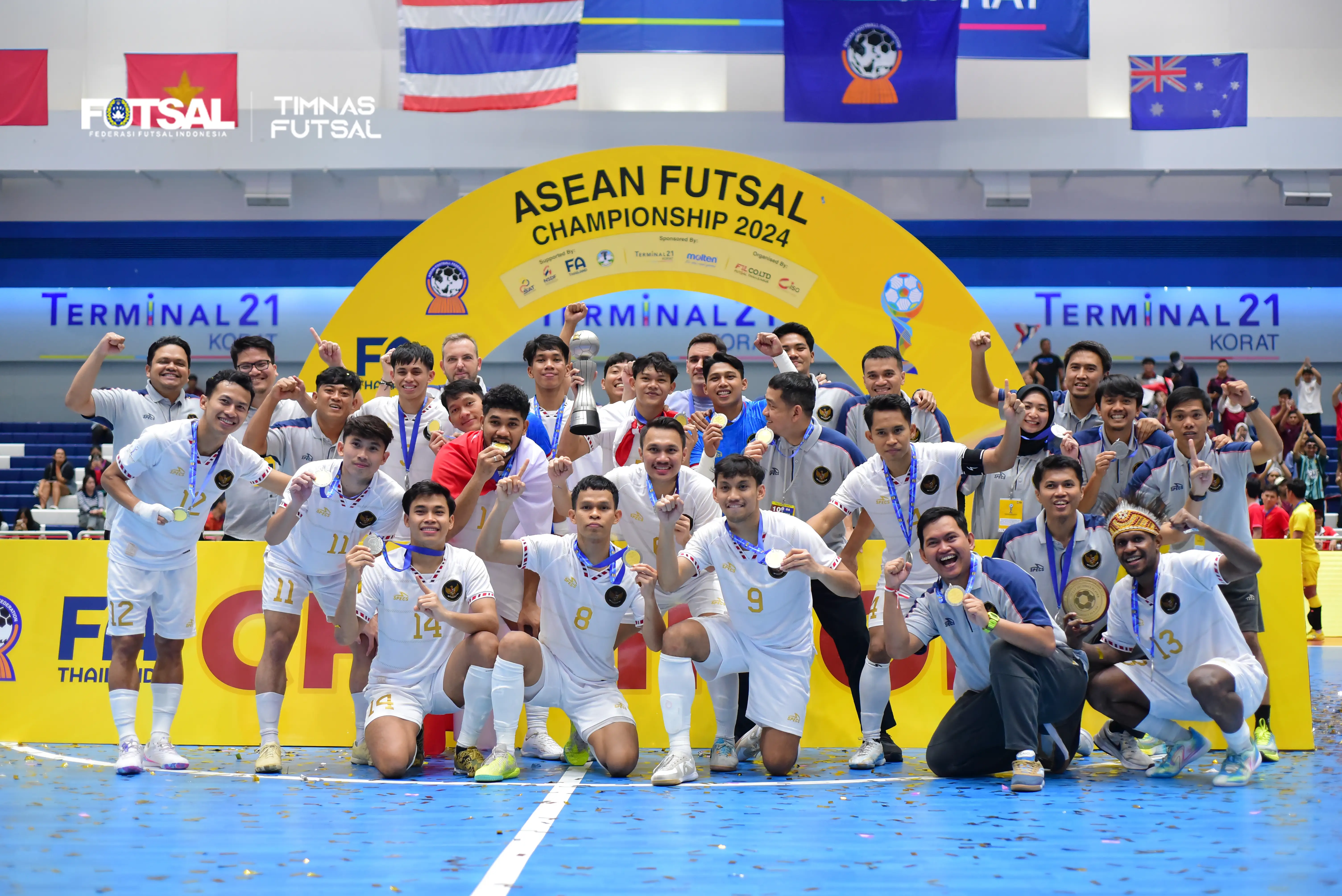 Timnas futsal Indonesia memastikan gelar juara Piala AFF Futsal 2024. Indonesia mengalahkan Vietnam 2-0 pada final yang berlangsung di Terminal 21 Hall, Nakhon Ratchasima, Thailand, Minggu malam WIB. Foto: Istimewa