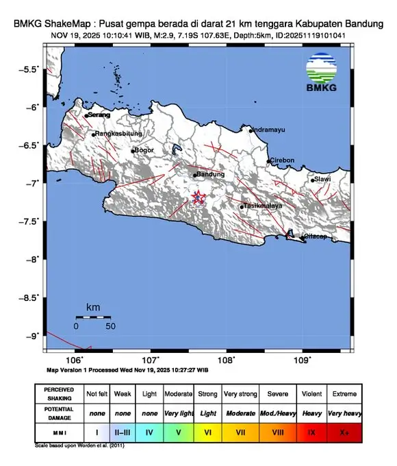 Gempa bumi tektonik guncang wilayah Kabupaten Bandung dengan magnitudo 2,9 pada Rabu (19/11/25) pagi. (Foto: X/InfoBMKG)