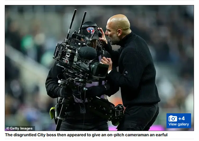 Manajer Manchester City, Pep Guardiola, menyemprot seorang kameramen. (Foto: Tangkapan layar Daily Mail dan Getty Images)