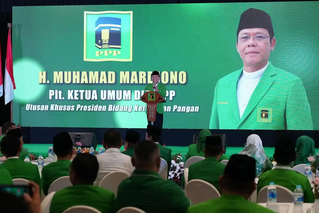 Plt. Ketua Umum PPP, Muhamad Mardiono saat menyampaikan sambutannya dalam acara Mukernas PPP II di Ancol, Jakarta. (Foto: Instagram/dpp.ppp)