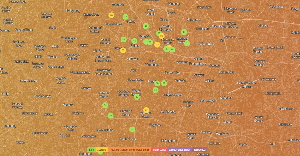 Indeks kualitas udara (AQI⁺) wilayah Jakarta pada Senin (2/12/24). (Foto: IQAir.com)