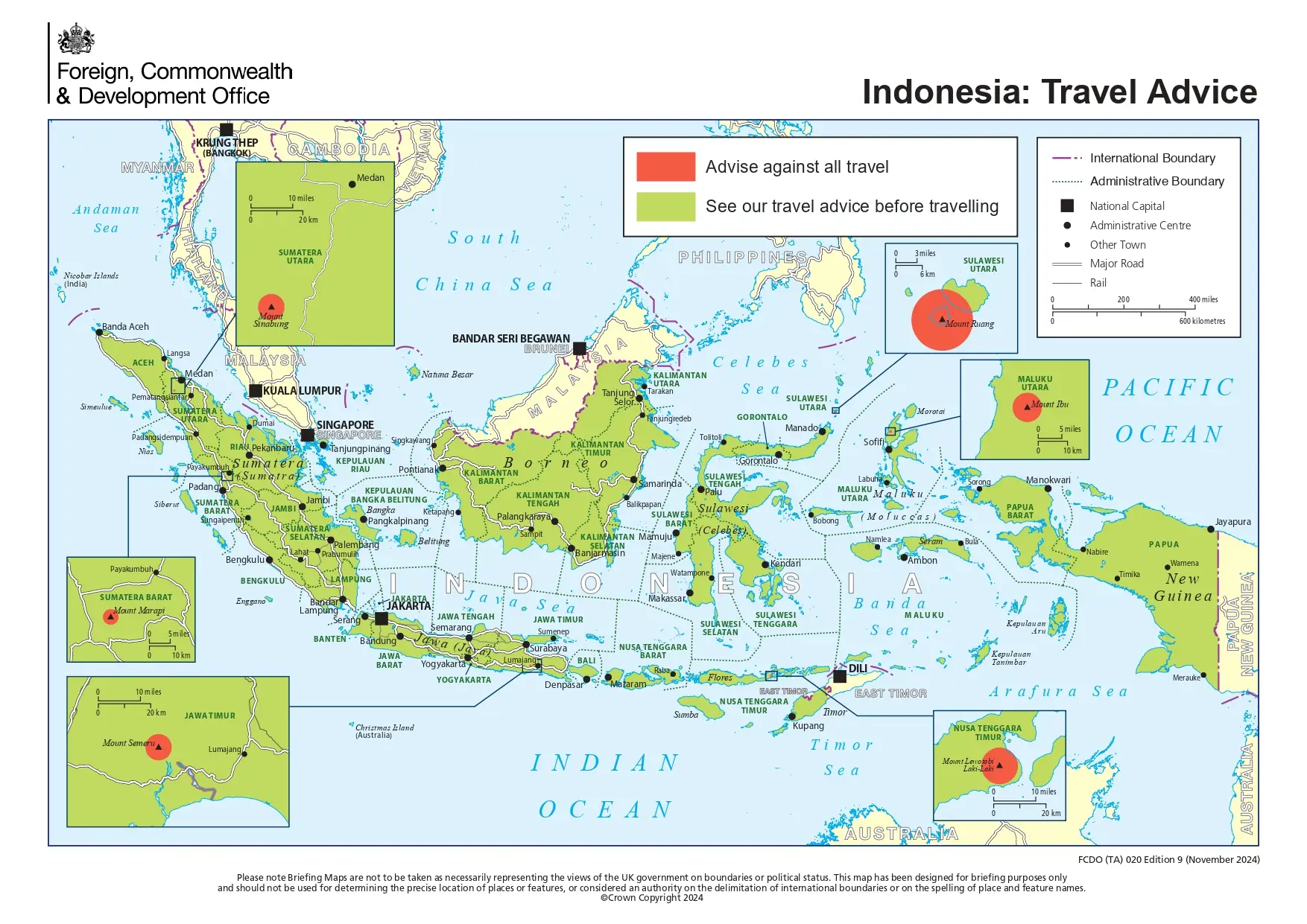 Peta wilayah daerah dengan Travel Warning Inggris 2026 di Indonesia (Foto: www.gov.uk)