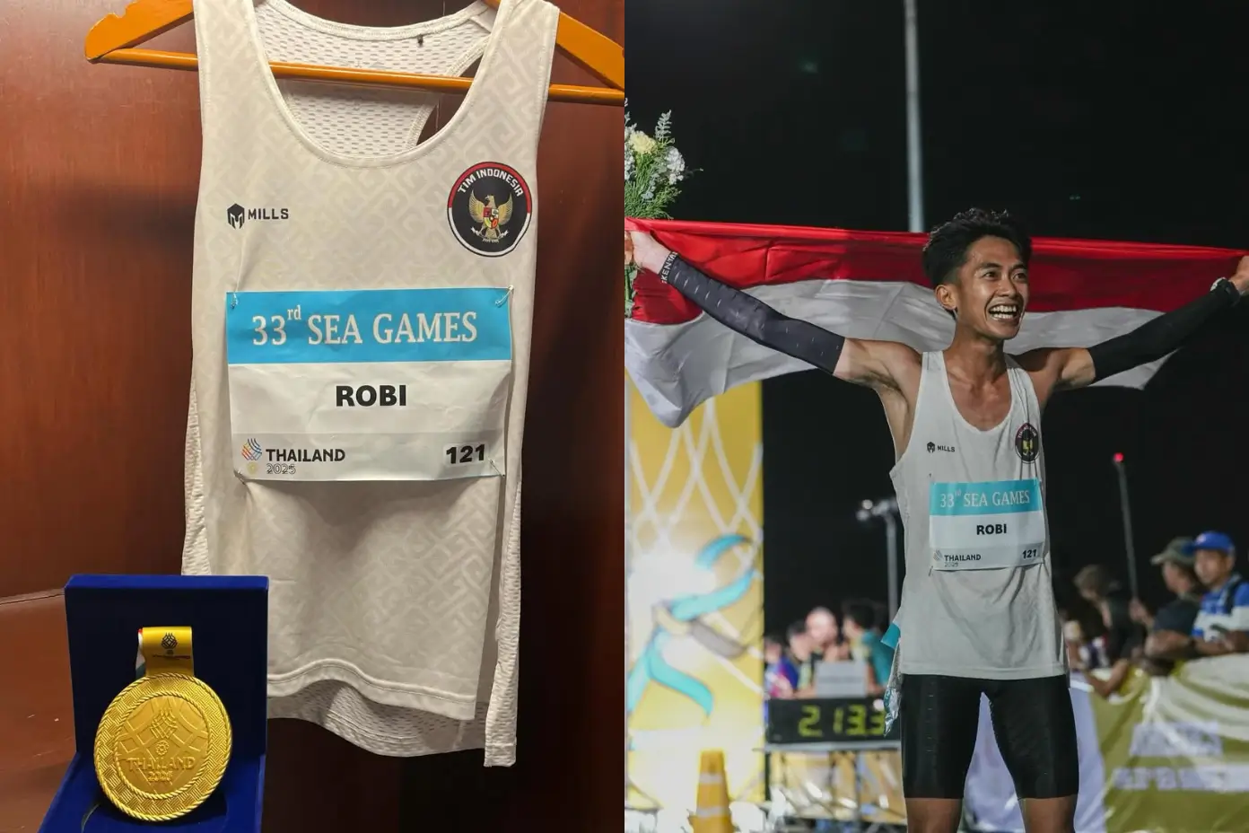 Robi Syianturi lelang jersey singlet dan medali emas SEA Games 2025 dan hasilnya akan didonasikan untuk korban bencana Sumatra. (Foto: Instagram/robi_syianturi/arenamalaysia.asia)